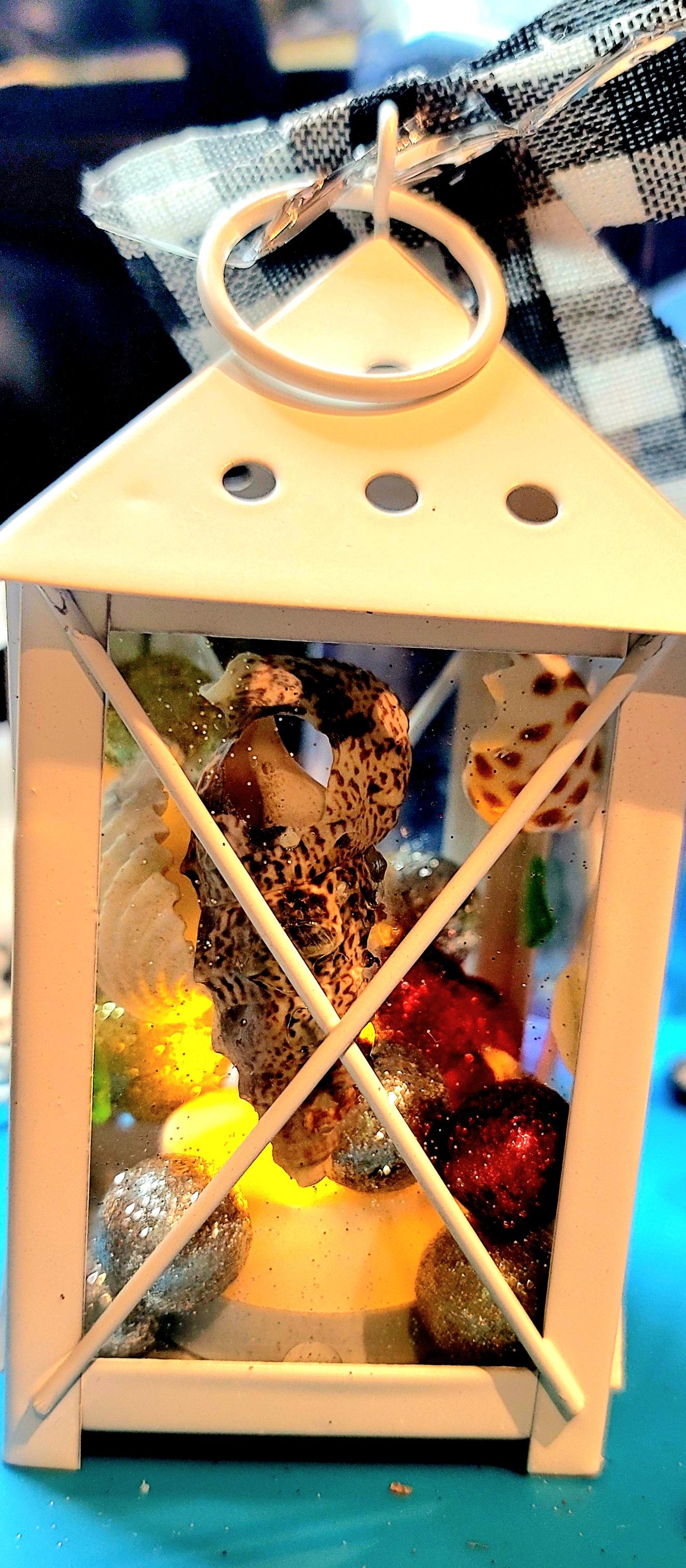 White Lantern Christmas Decoration with shells and sea glass